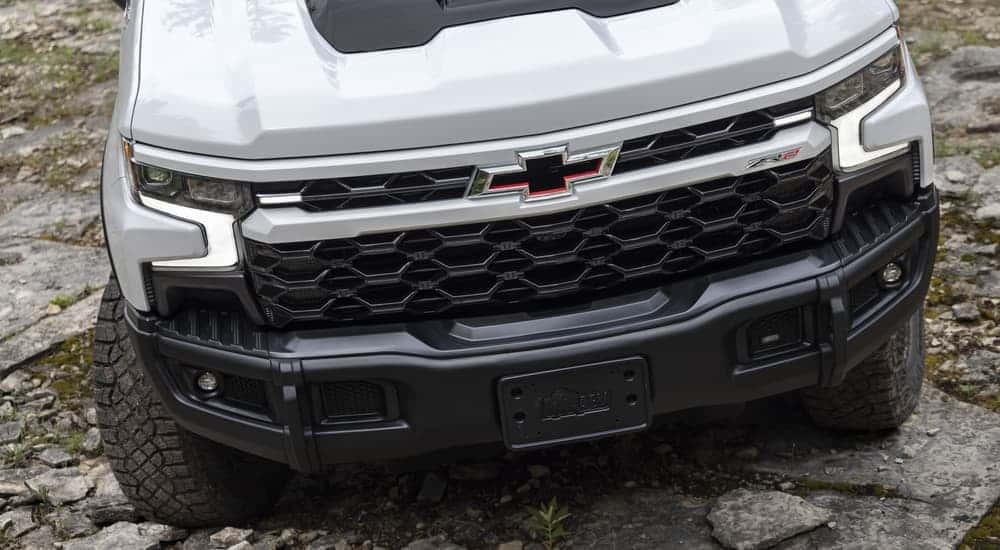 A close up of the front of 2023 Chevy Silverado 1500 ZR2 Bison is shown while off-roading.