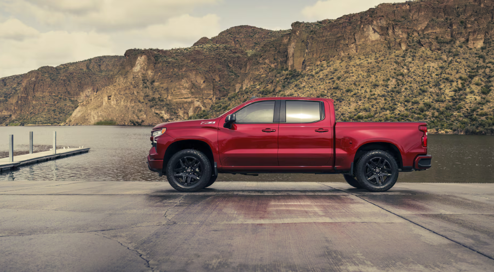 Side profile of a red 2026 Chevy Silverado 1500
