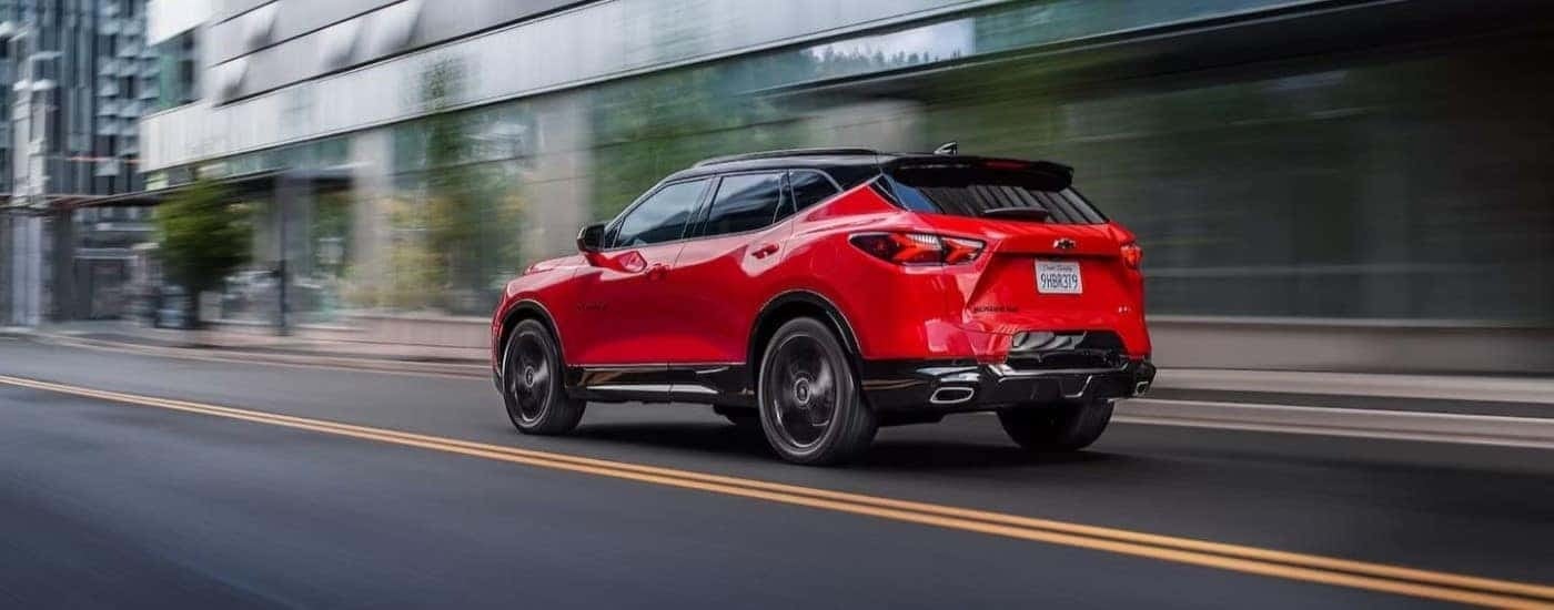 A red 2020 Chevy Blazer is shown from the rear at an angle