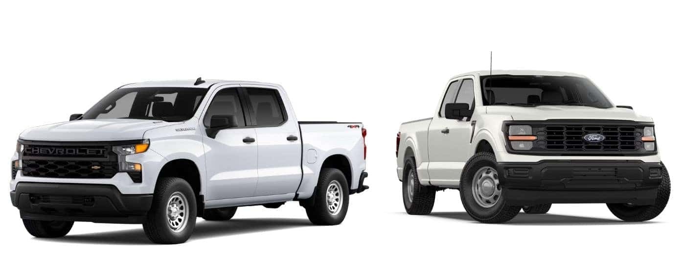 A white 2026 Chevy Silverado 1500 vs a white 2026 Ford F-150