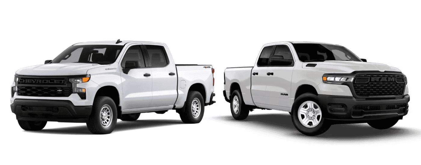 White 2026 Chevy Silverado 1500 vs white 2026 Ram 1500