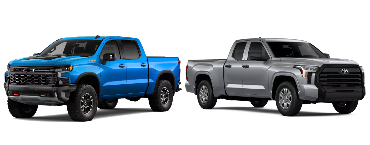 Blue 2026 Chevy Silverado 1500 ZR2 next to a silver 2026 Toyota Tundra